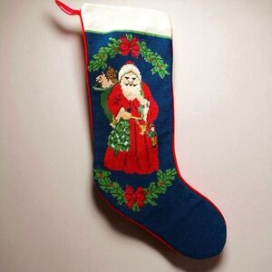 Needlepoint Santa and Teddy Bear Large Christmas Stocking Toys Tree Bow Vintage